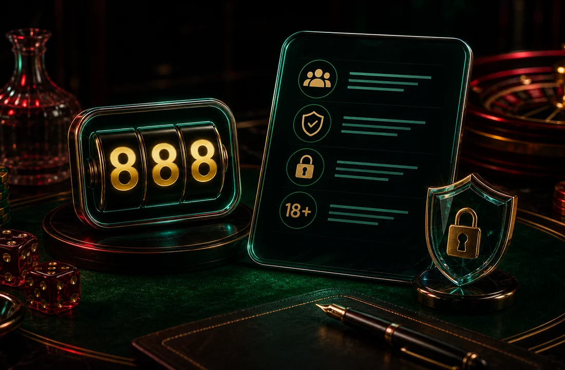 Dark brand desk with 888 emblem information tablet shield and lock