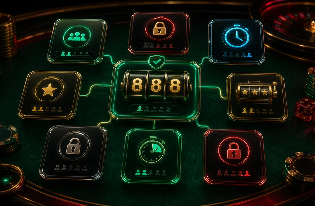 Floating glass room map cards with one central 888 slot card
