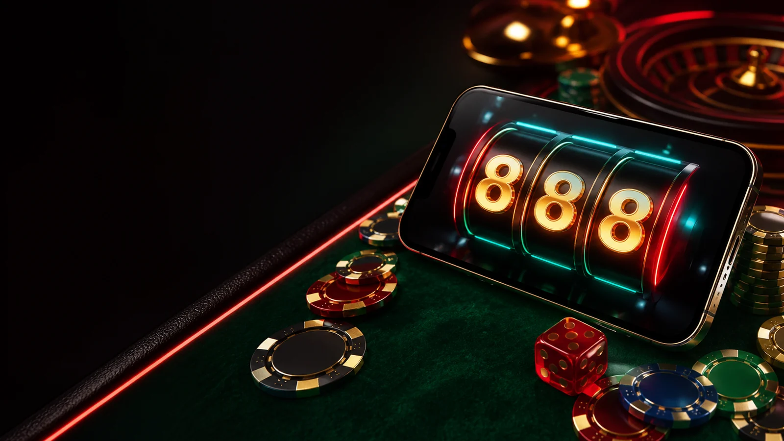 Dark mobile slot room scene with glowing reels, chips, and dice