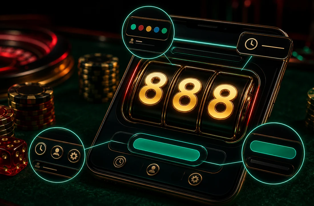 Phone slot screen with 888 reels and highlighted screen reading markers