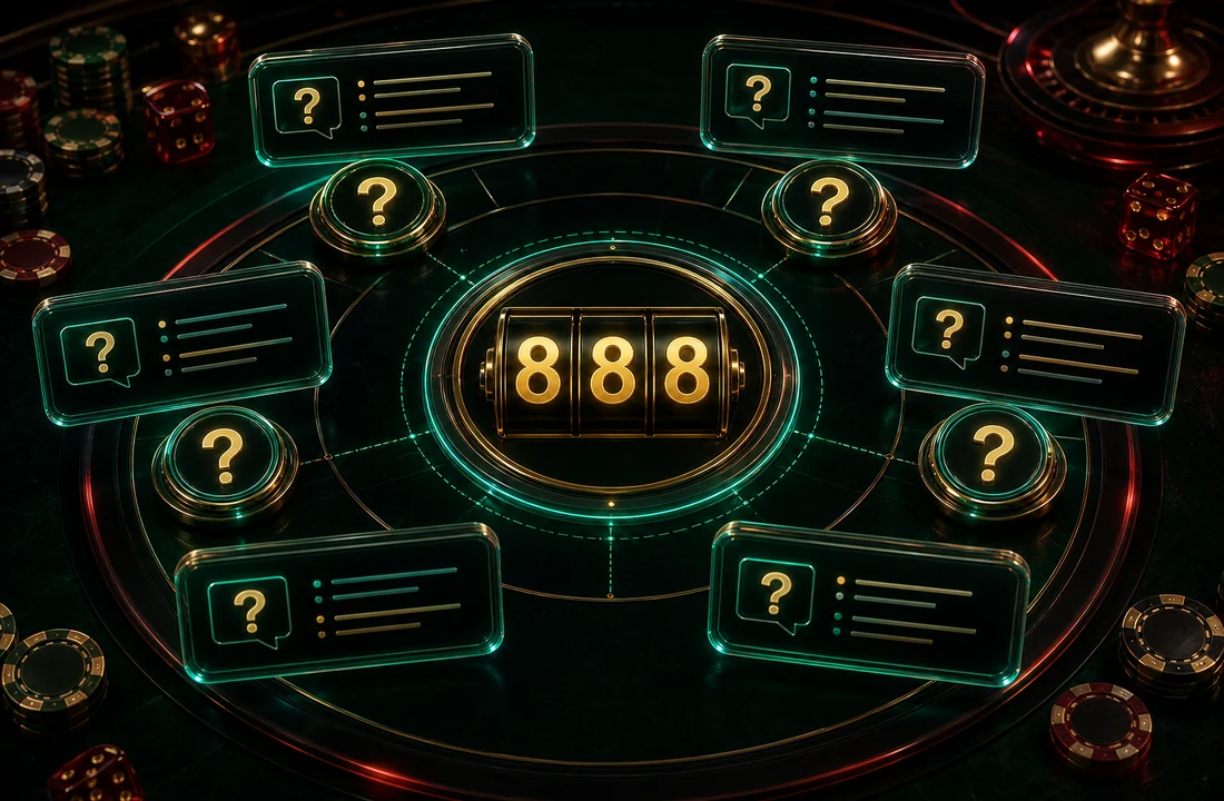 Circular casino table with question tokens around a central 888 medallion