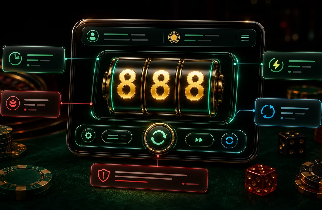 Close slot screen analysis view with 888 reels and glass callout panels